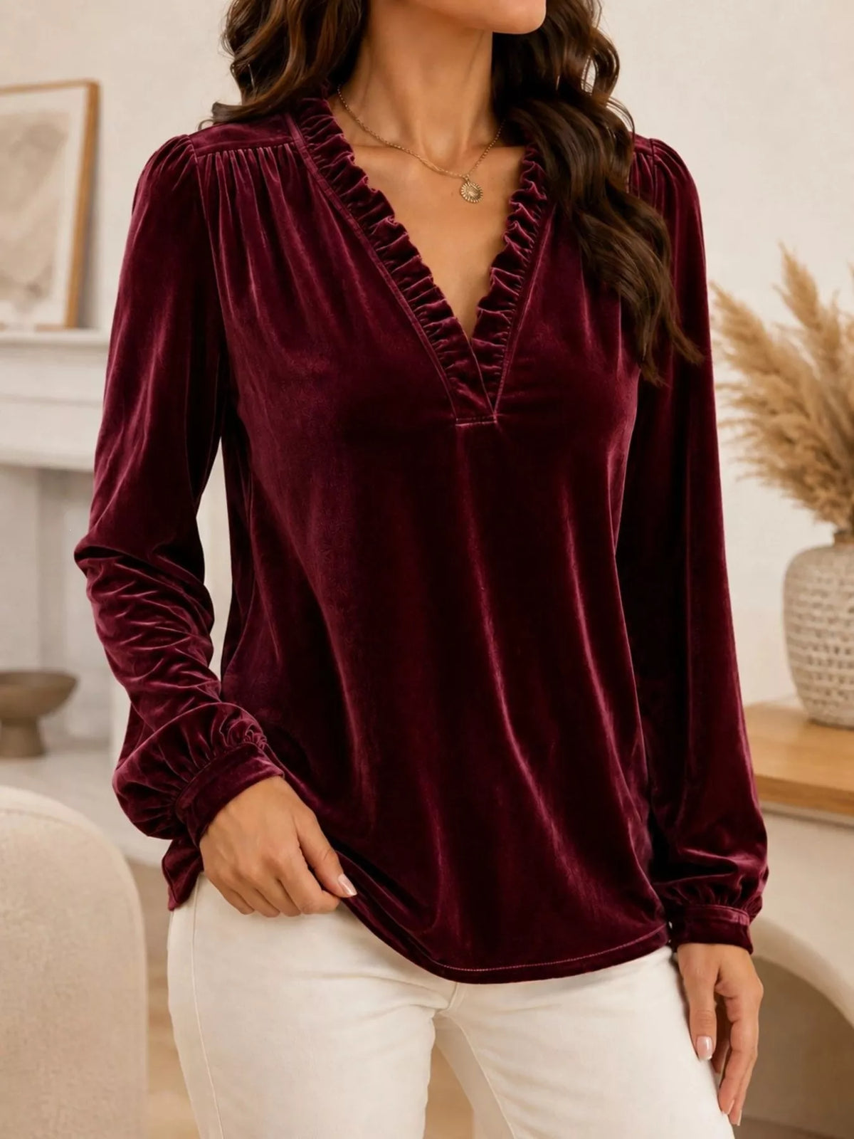 V-Neck Ruffle Trim Velvet Blouse - Lilixa.store
