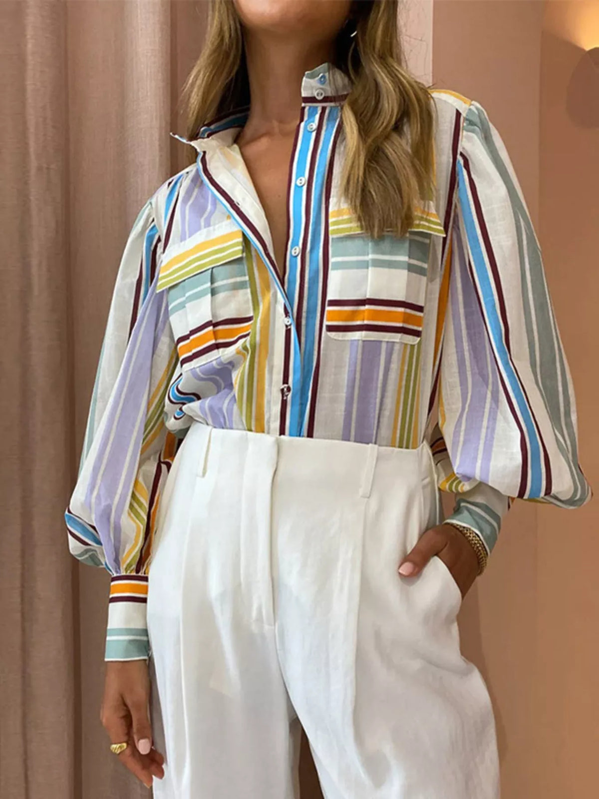 Full Size Printed Lantern Sleeve Button Up Shirt Plus Size in Stripe