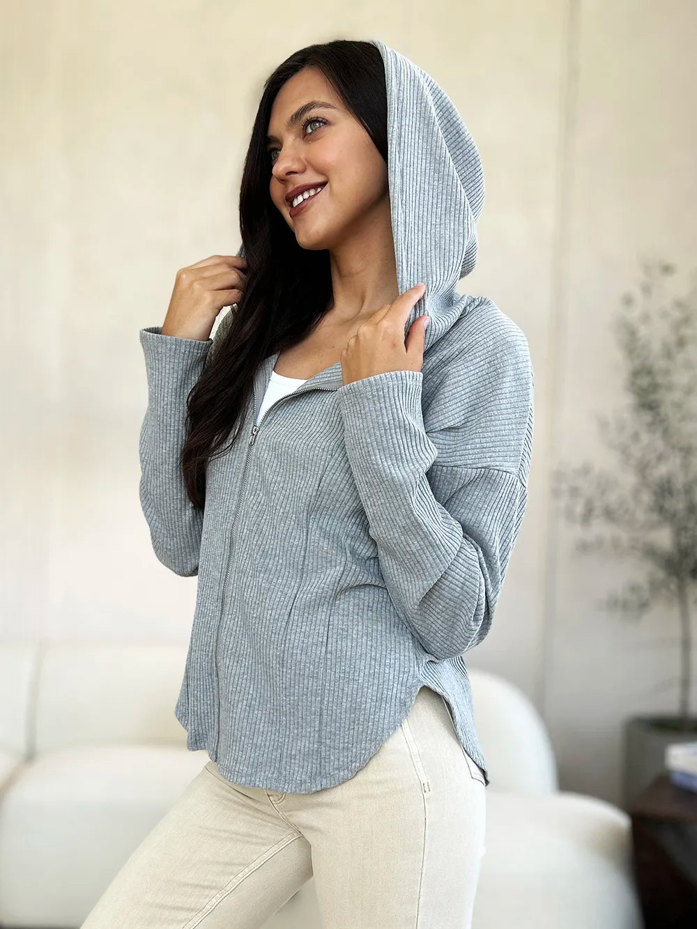 Culture Code Full Size Ribbed Zip Up Drawstring Hooded Jacket, view 3