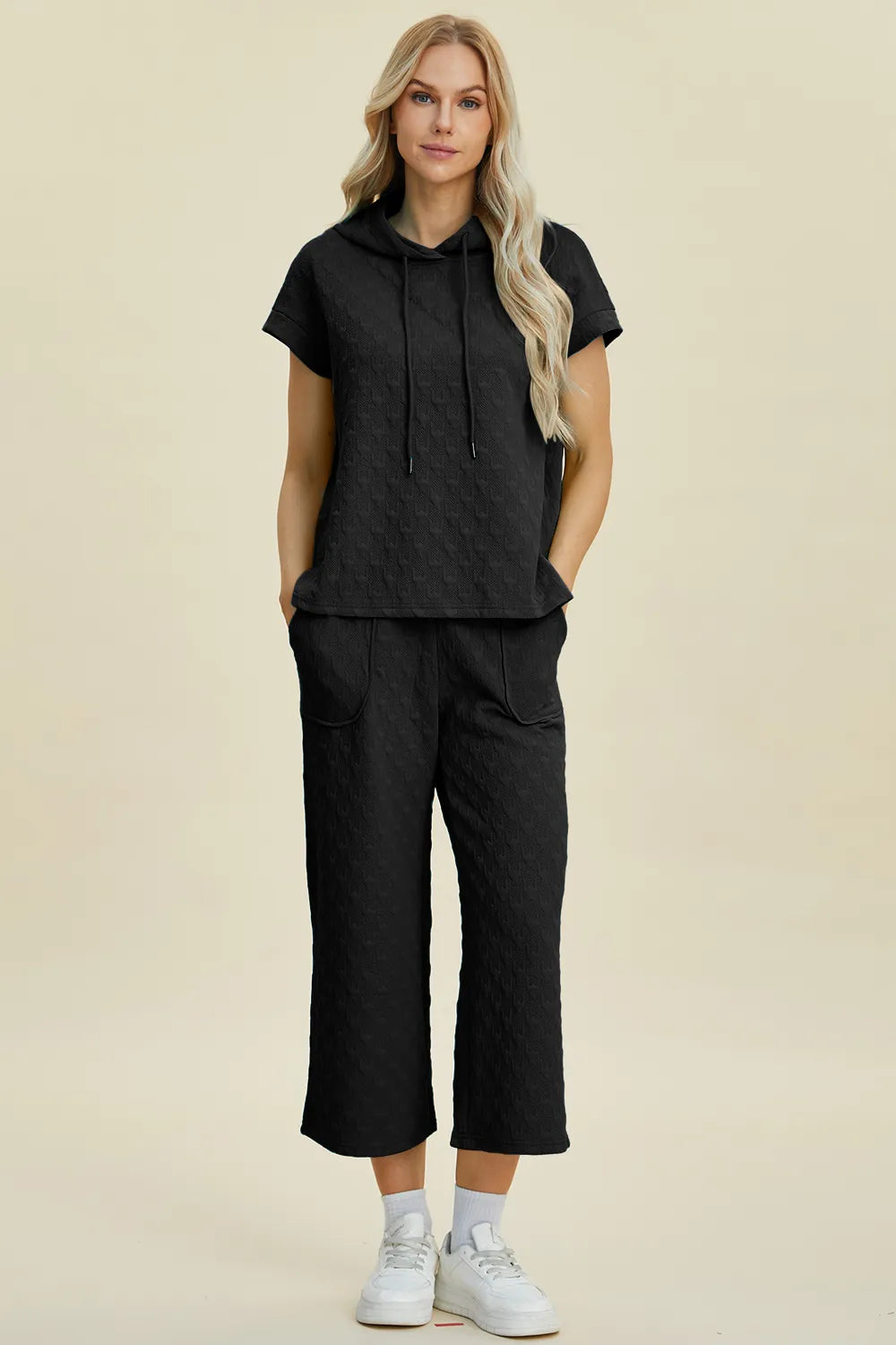 Double Take Full Size Texture Drawstring Short Sleeve Hoodie and Pocketed Pants Set in Black