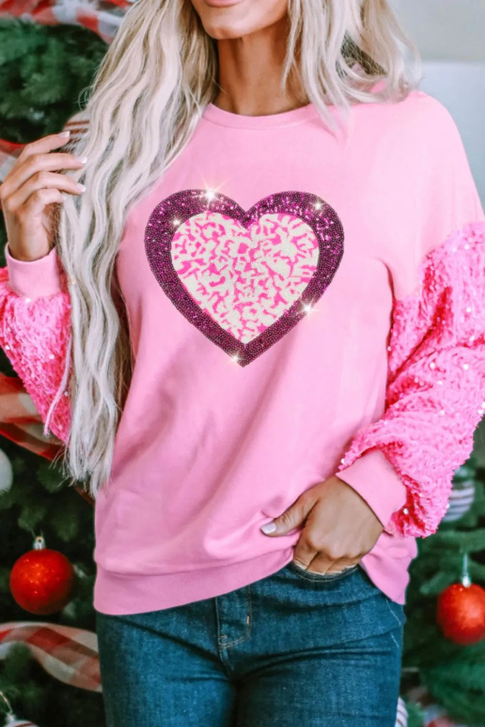 Valentine’s Day Sequin Heart Long Sleeve Sweatshirt - Lilixa.store