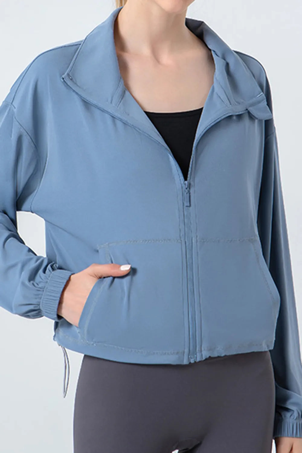 Drawstring Zip Up Dropped Shoulder Active Outerwear - Lilixa.store