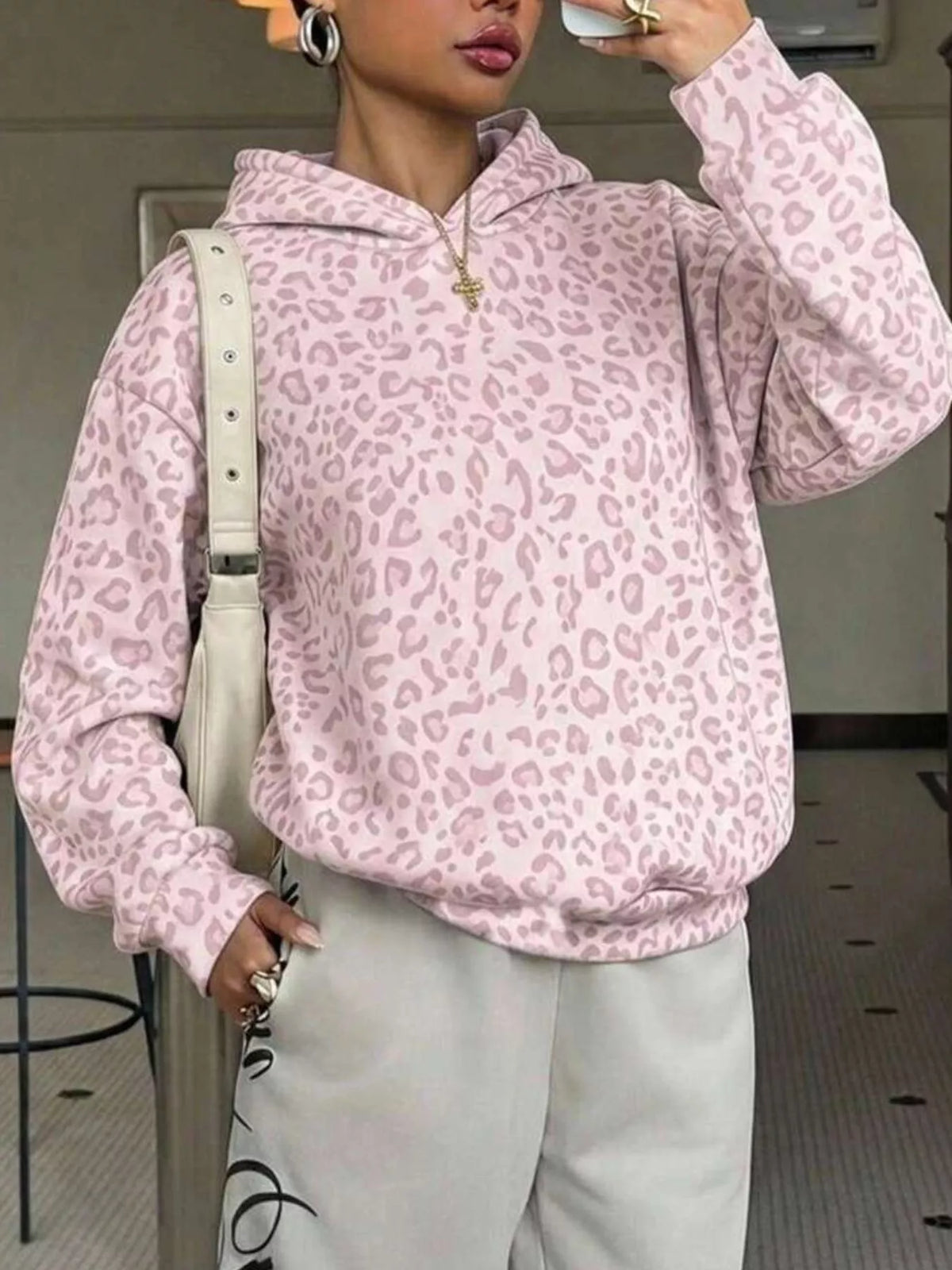 Leopard Dropped Shoulder Hoodie in Blush Pink