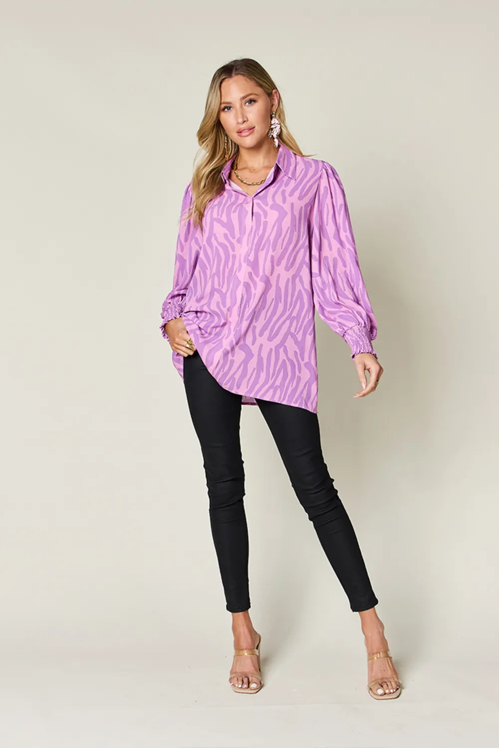 Double Take Full Size Printed Smocked Long Sleeve Blouse Plus Size - Lilixa.store