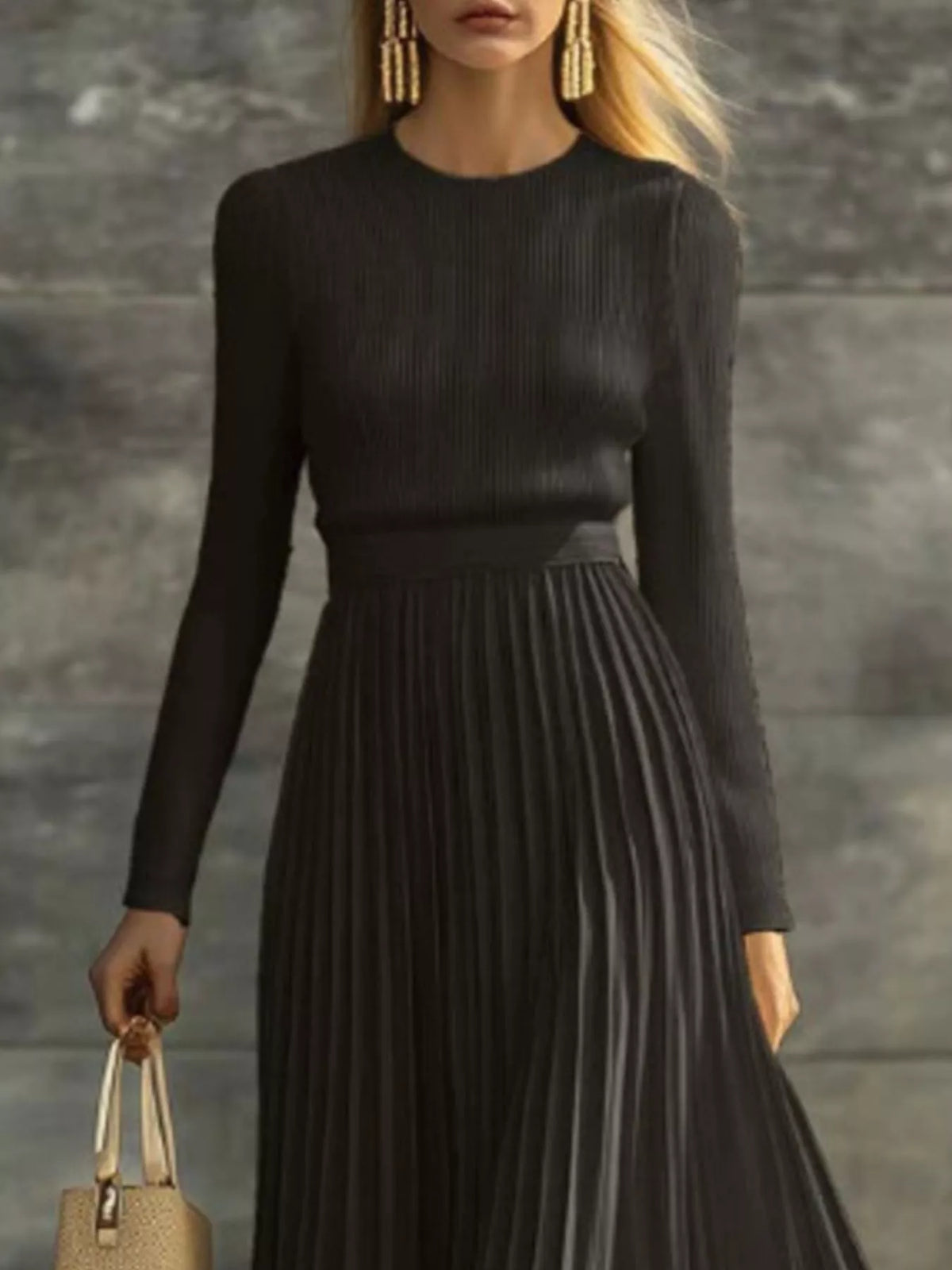 Ribbed Knit Pleated Midi Dress