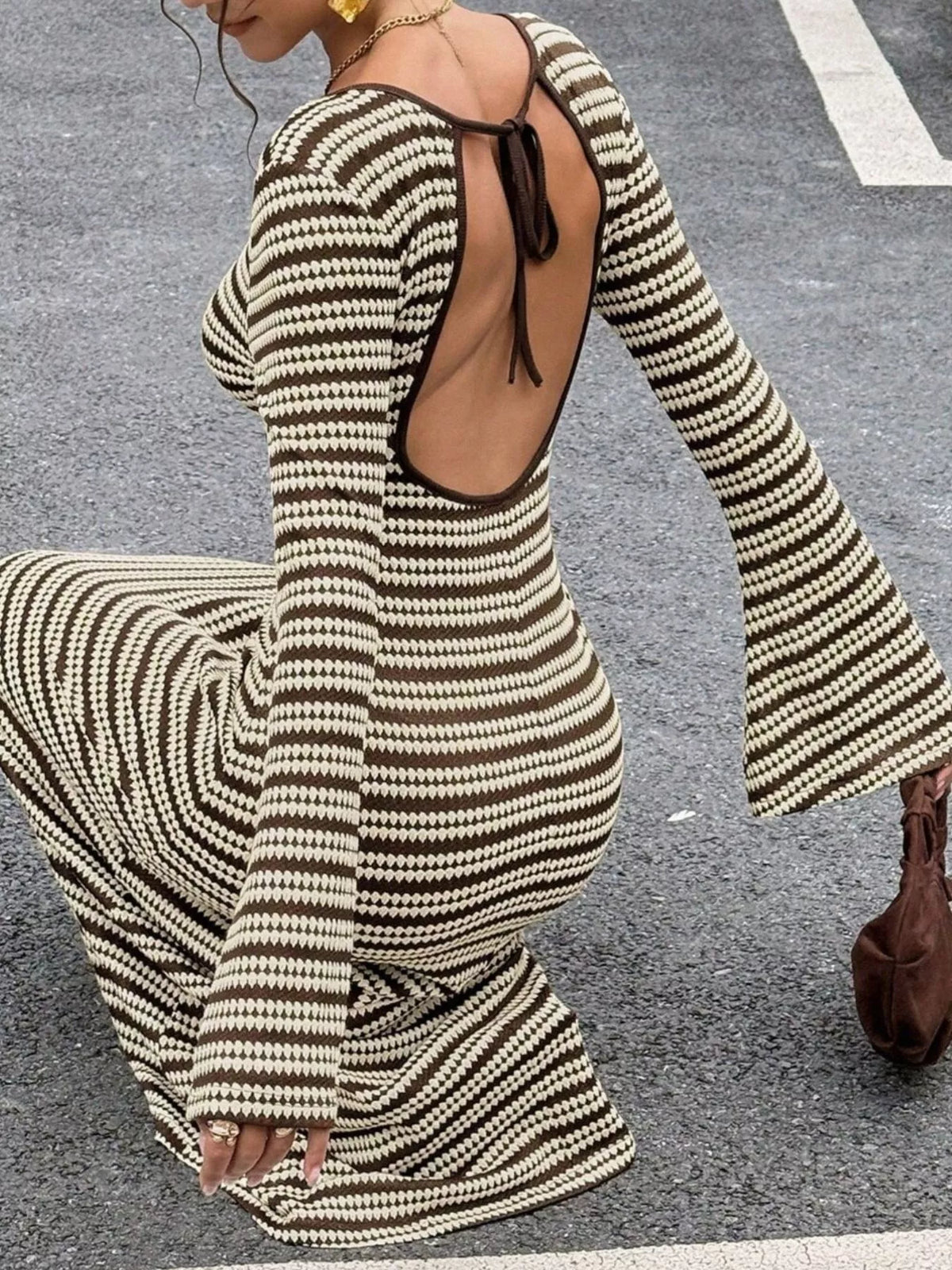 Backless Striped Ribbed Knit Maxi Dress with Flared Sleeves, view 6