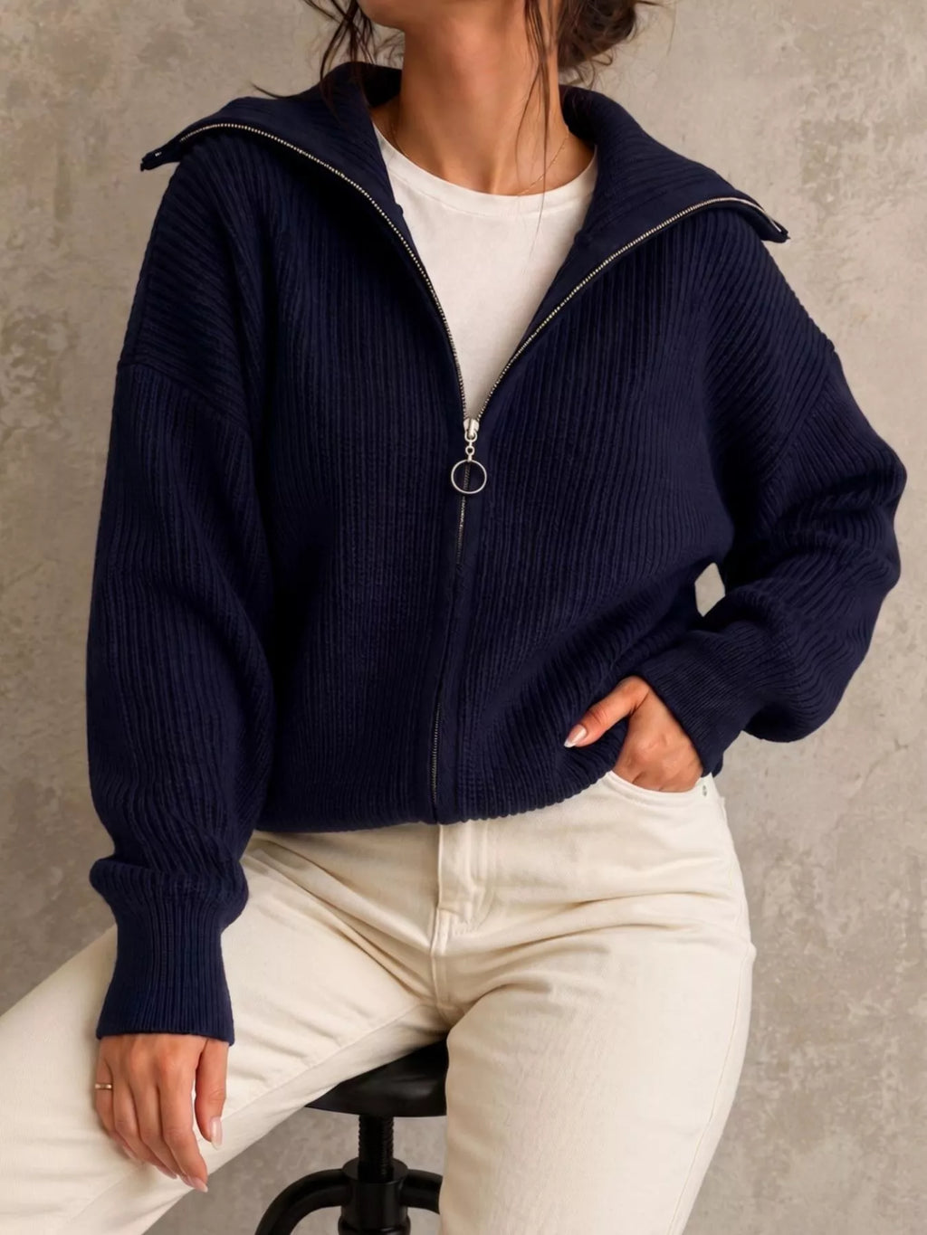 Zip Up Dropped Shoulder Cardigan - Lilixa.store