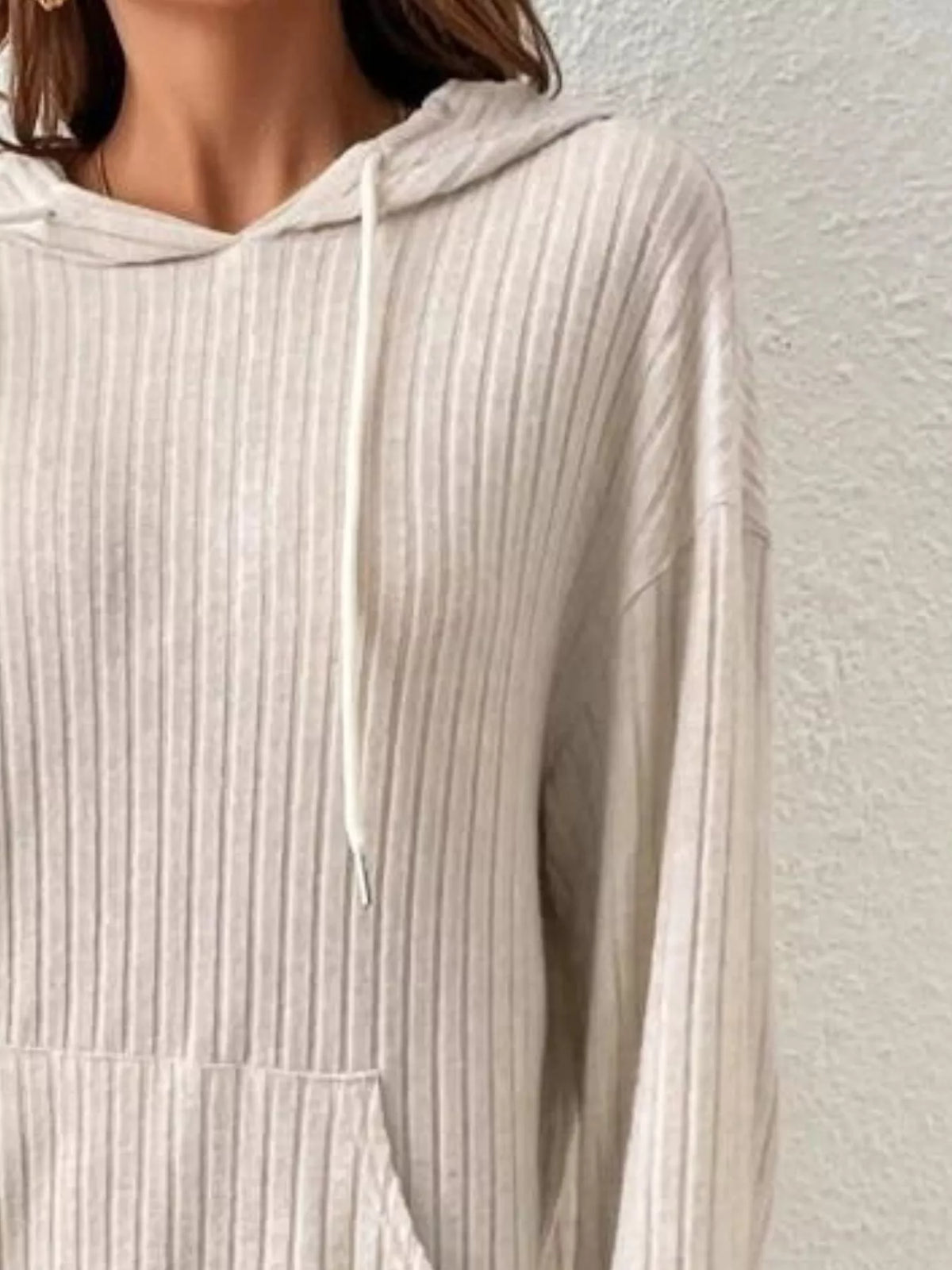 Ribbed Knit Long Sleeve Drawstring Hoodie - Lilixa.store