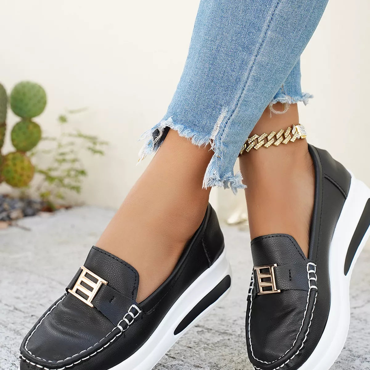 Metal Buckle Round Toe Slip-Ons, view 8