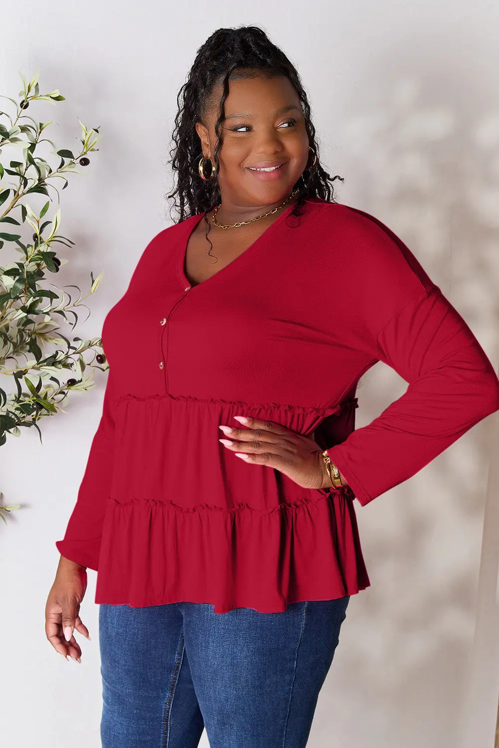 Double Take Half Button Long Sleeve Ruffle Hem Blouse - Lilixa.store