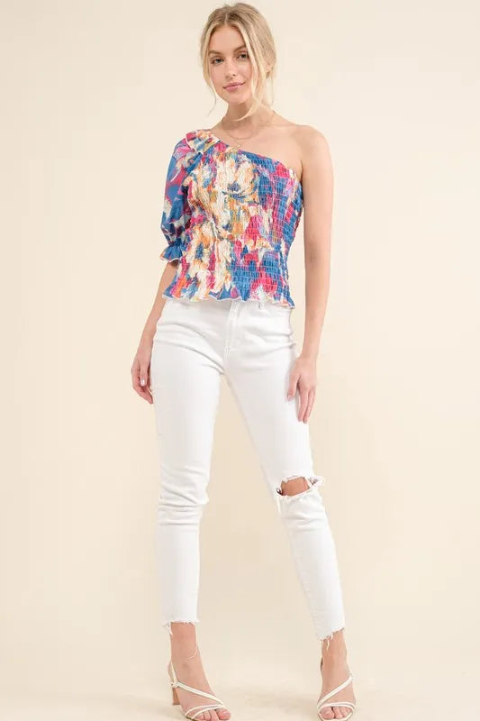 And The Why Allover Floral Print Smocked One Shoulder Blouse - Lilixa.store