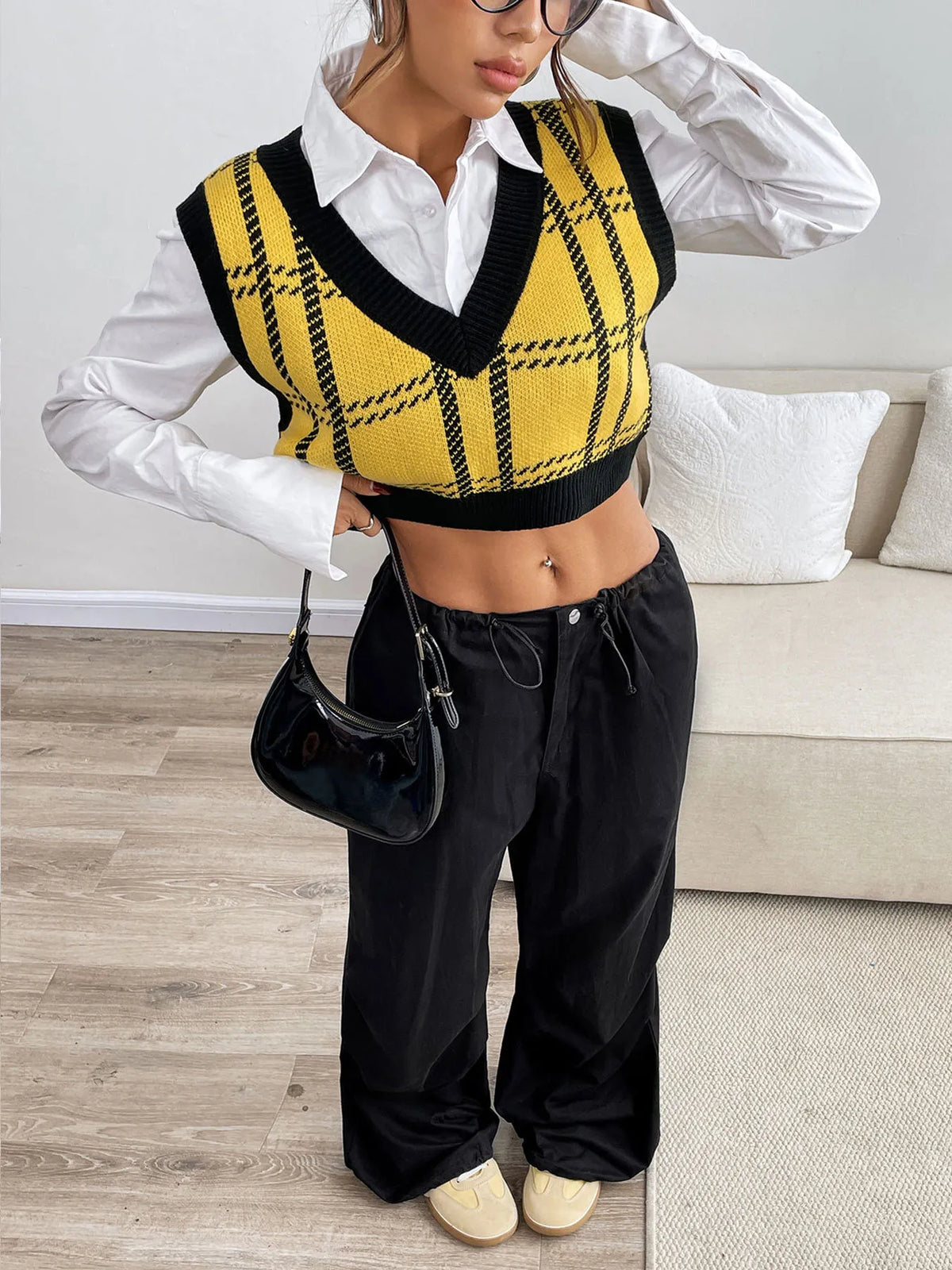 Plaid V-Neck Cropped Sweater Vest in Yellow, view 5