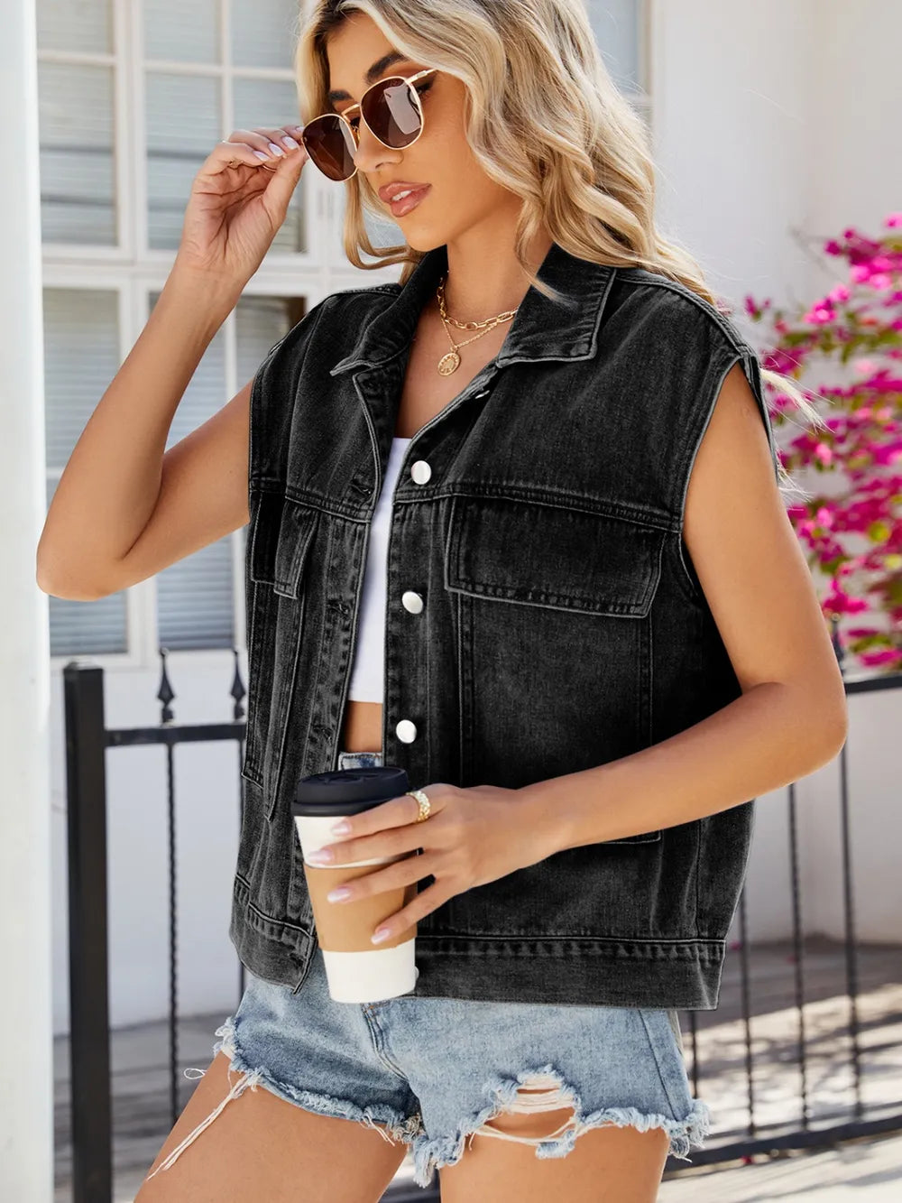 Pocketed Button Up Sleeveless Denim Jacket, view 8
