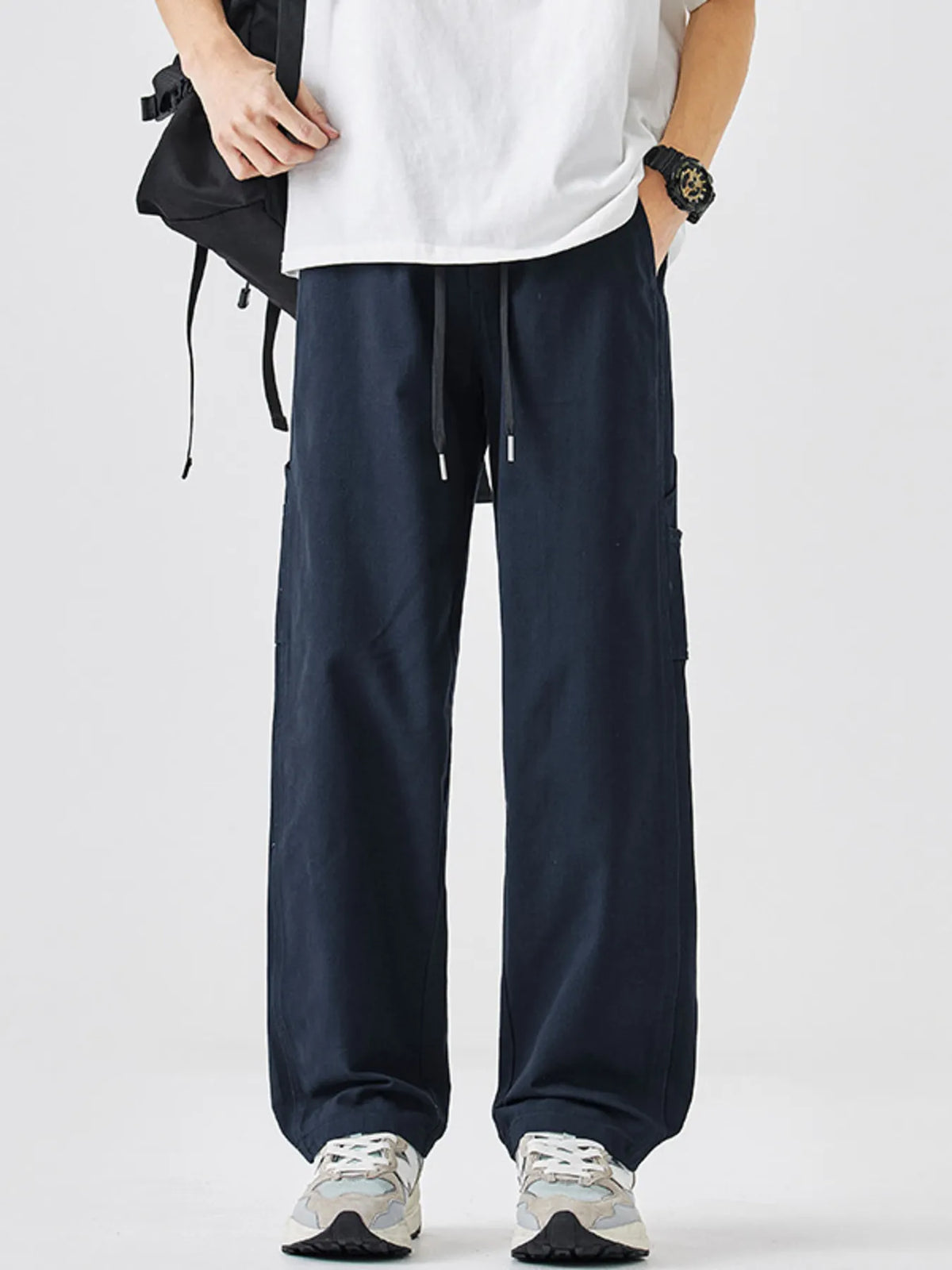 Men's Plus Size Drawstring Wide Leg Pants in Navy Blue