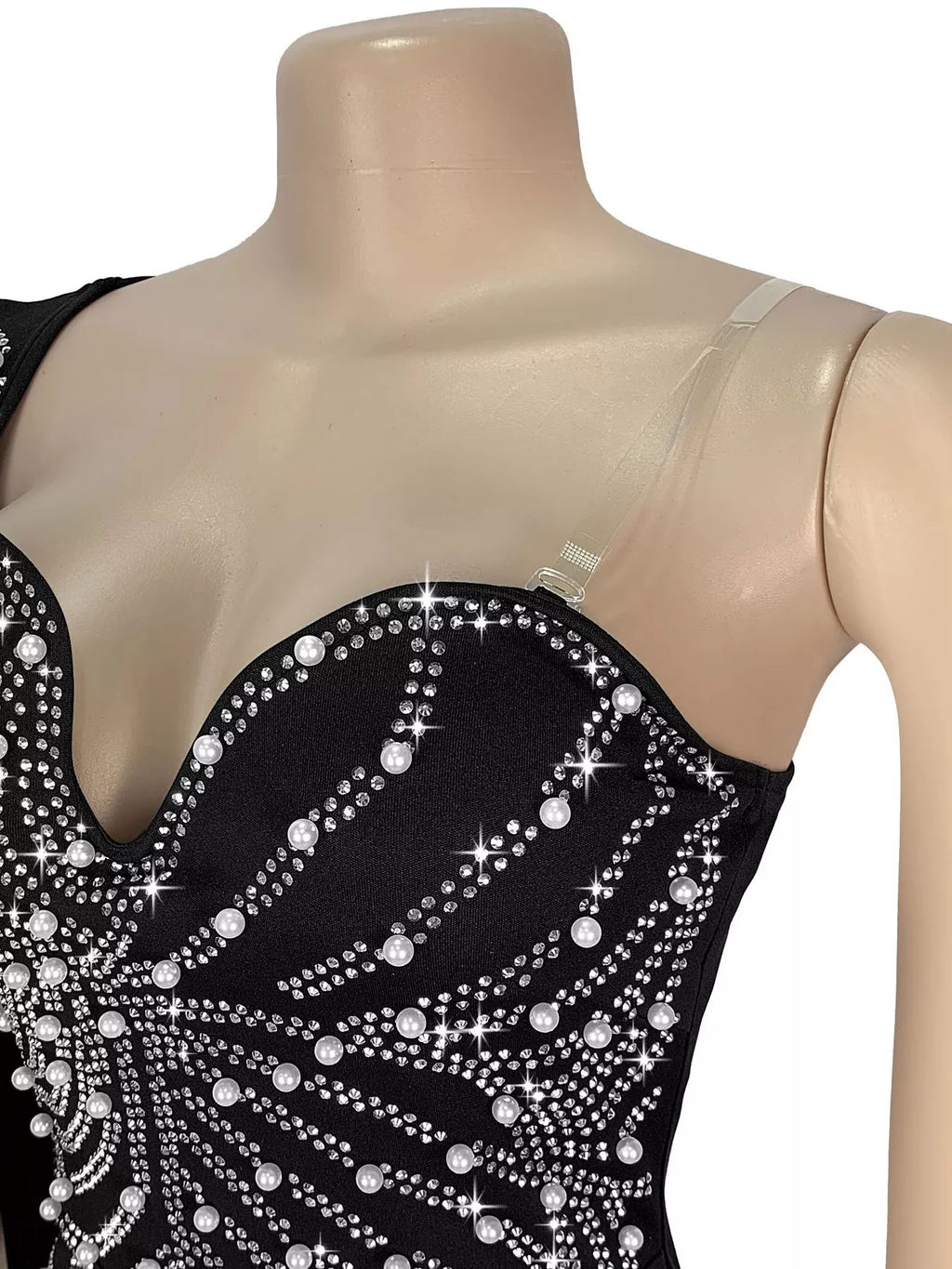 Rhinestone Pearl Detail One-Shoulder Mermaid Maxi Dress - Lilixa.store