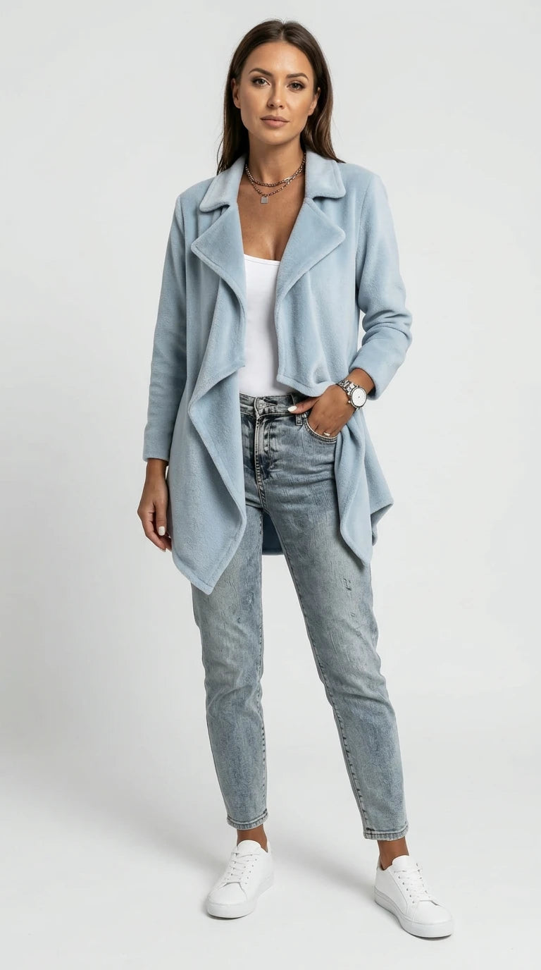 Full Size Fleece Waterfall Collar Outerwear Plus Size in Sky Blue