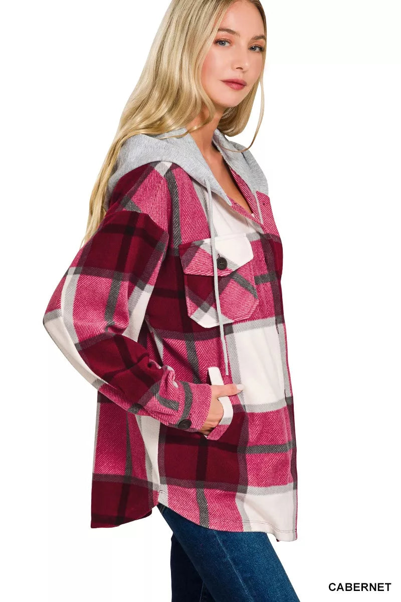 Zenana Plaid Drawstring Hooded Fleece Shacket in Cabernet, view 4