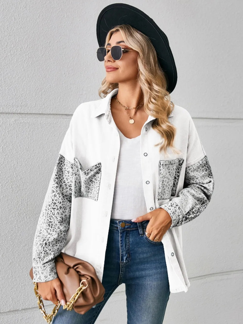 Leopard Button Up Denim Jacket, view 9