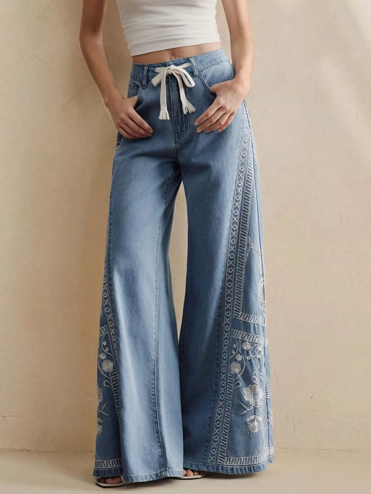 Embroidered Wide-Leg Drawstring Jeans - Lilixa.store