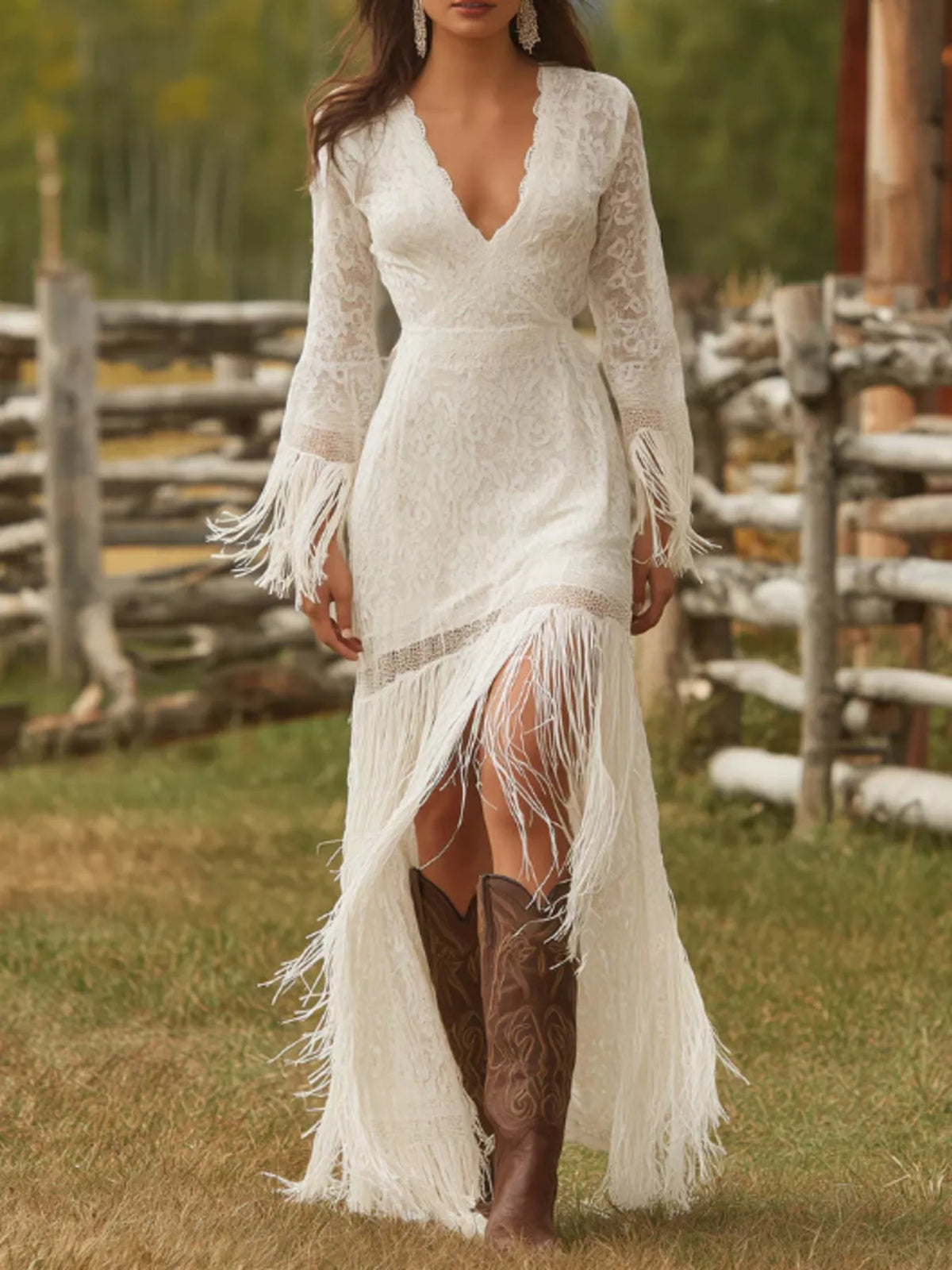 Lace Fringe V-Neck Maxi Dress in White