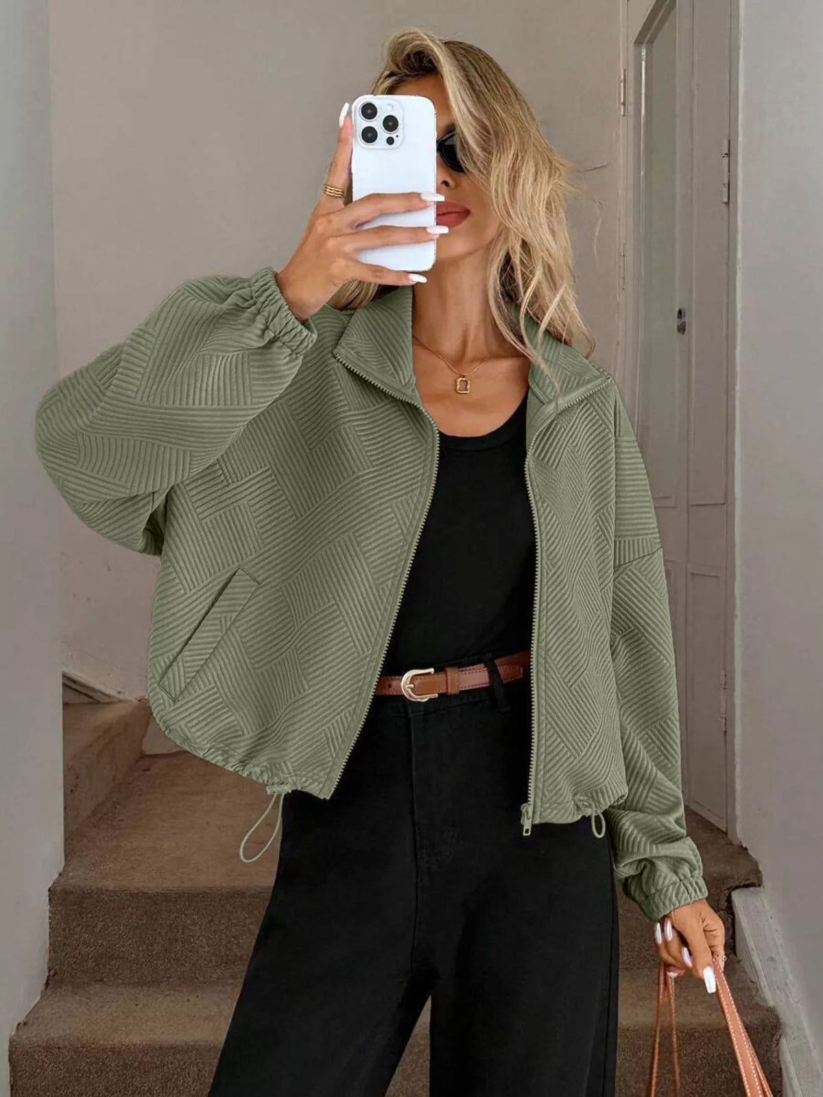 Drawstring Hem Textured Long Sleeve Jacket, view 16