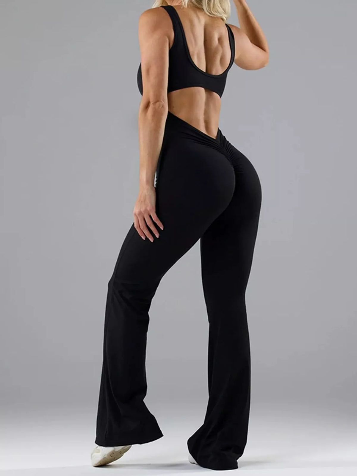 Seamless Scoop Neck Active Jumpsuit with Flared Leg Design