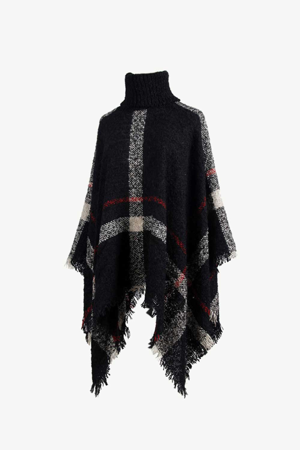 Plaid Turtleneck Raw Hem Poncho, view 13