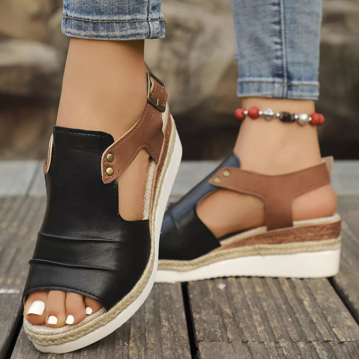 Peep Toe Wedge Sandals in Black