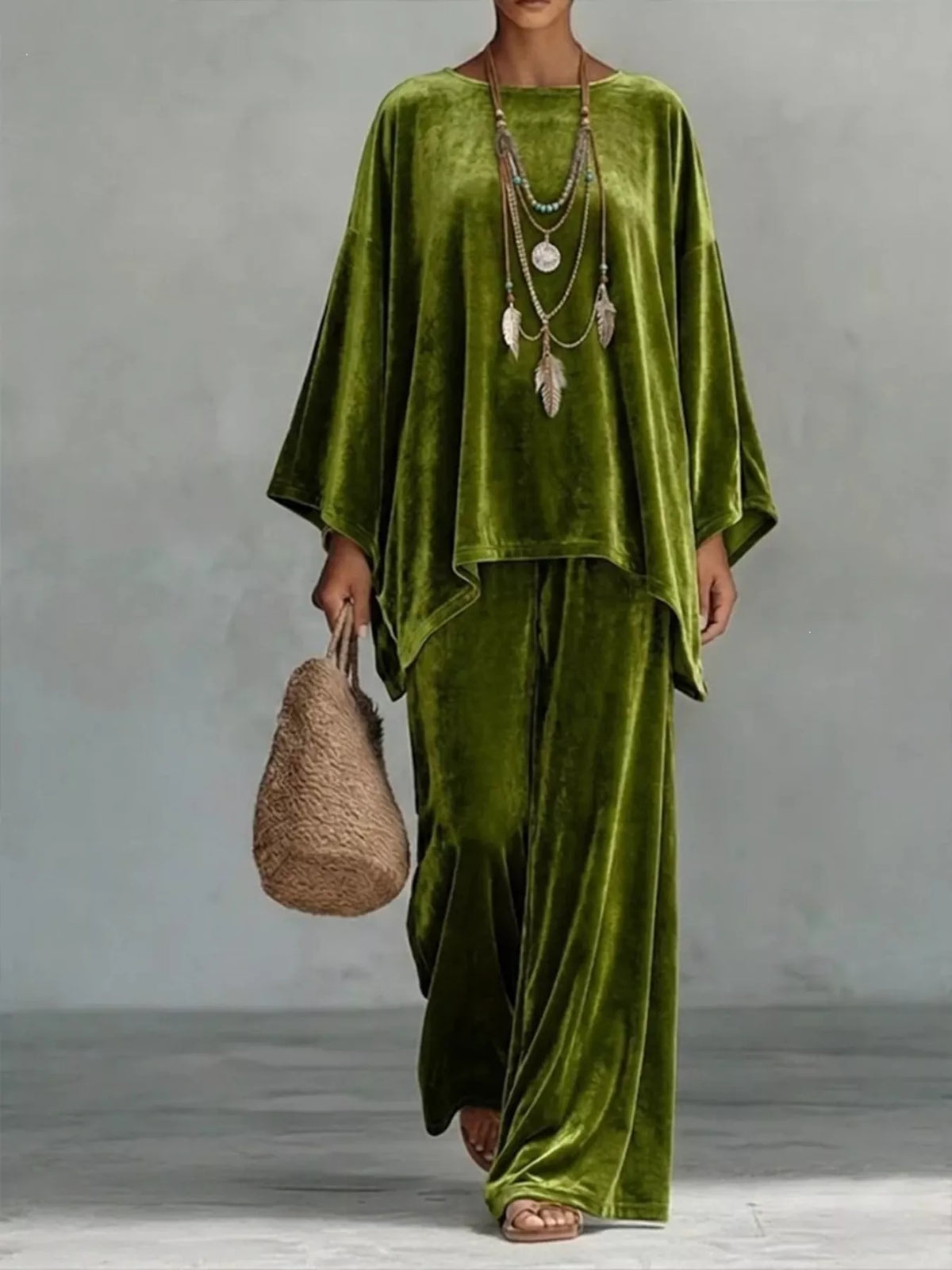 Full Size Asymmetrical Top and Wide Leg Pants Set Plus Size in Olive