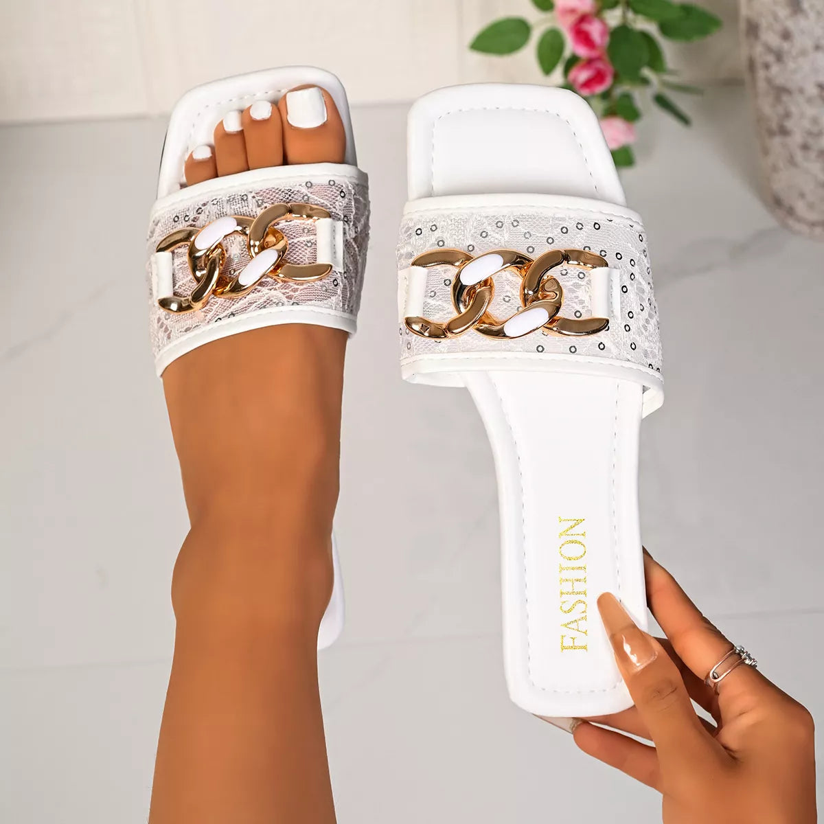 Lace Chain-Embellished Flat Sandals in White, view 3