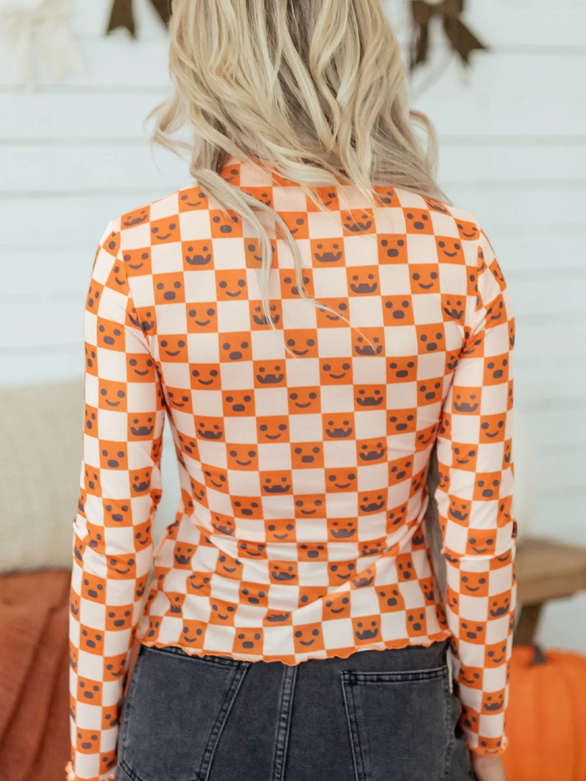 Abstract Halloween Pattern Long Sleeve Mock Neck Blouse - Lilixa.store