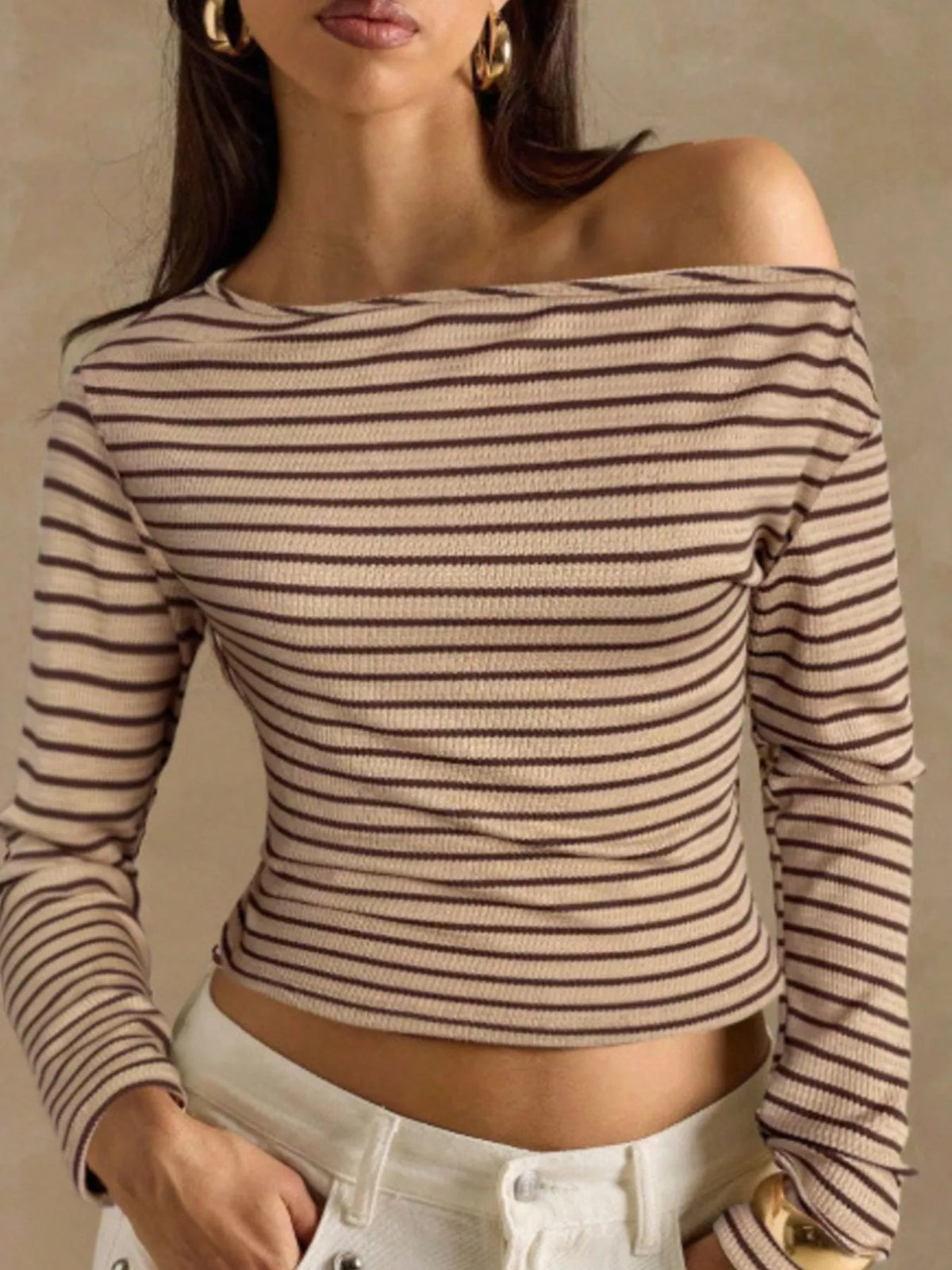 Off-Shoulder Striped Ribbed Long Sleeve T-Shirt, view 11