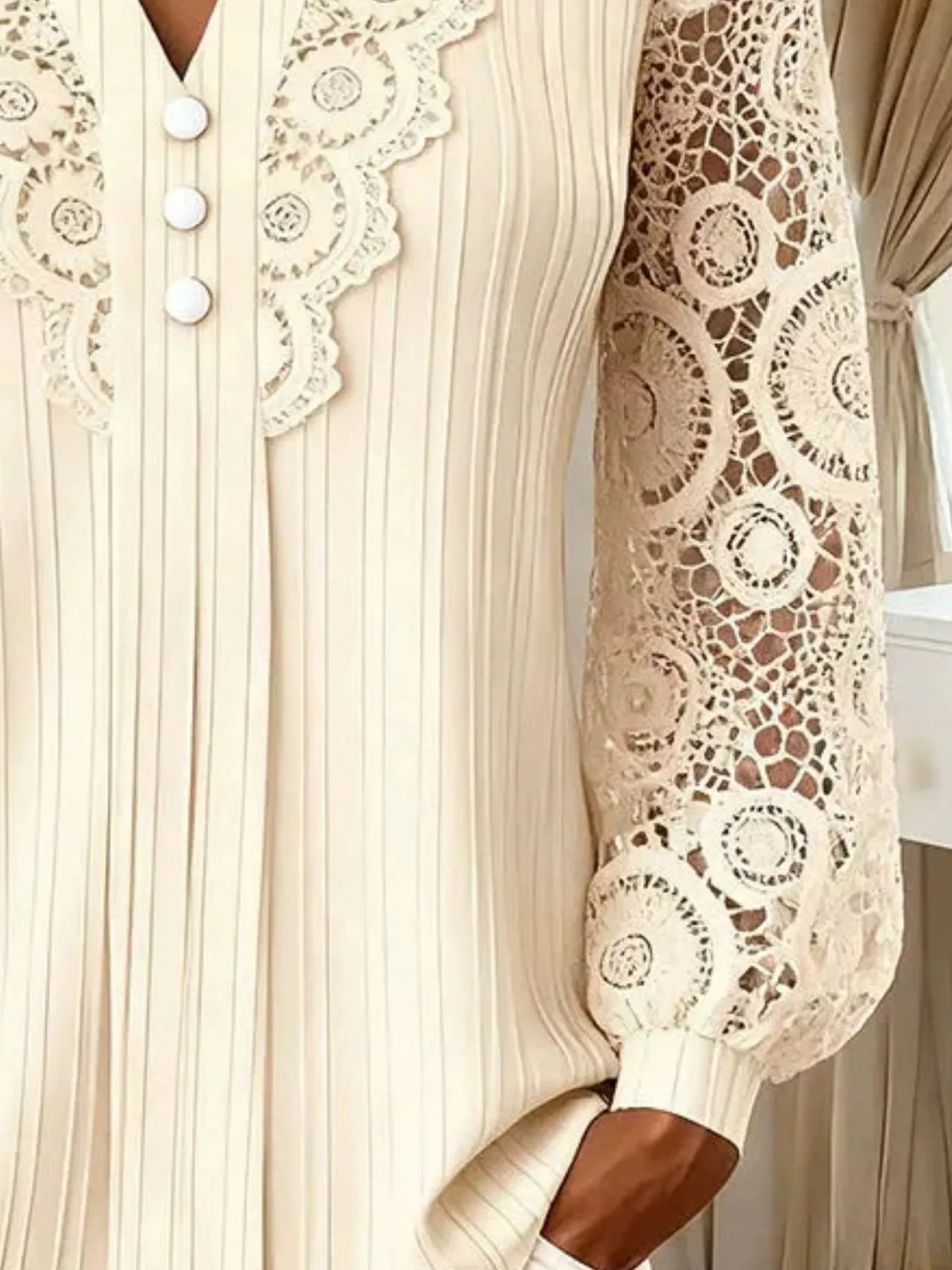 Lace Long Sleeve Notched Blouse - Lilixa.store