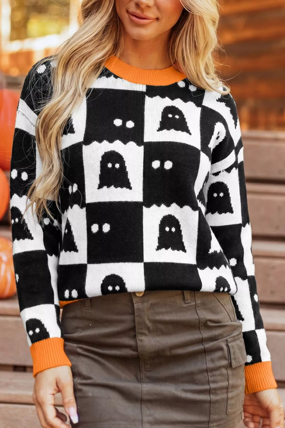 Halloween Ghost Pattern Checkerboard Sweater - Lilixa.store