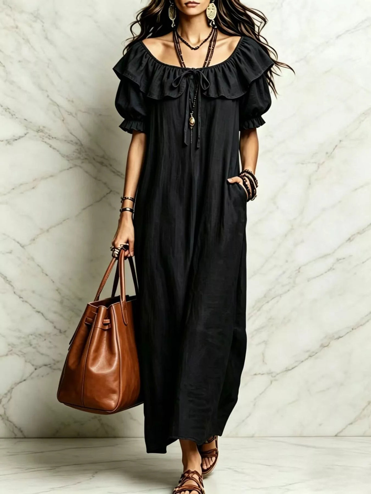 Ruffle Trim Puff Sleeve Maxi Dress - Lilixa.store