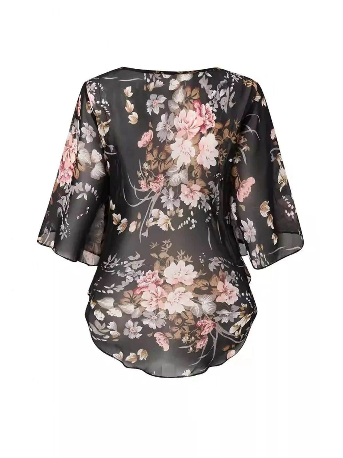 Sheer Floral Print Blouse with Flutter Sleeves in Black, view 3