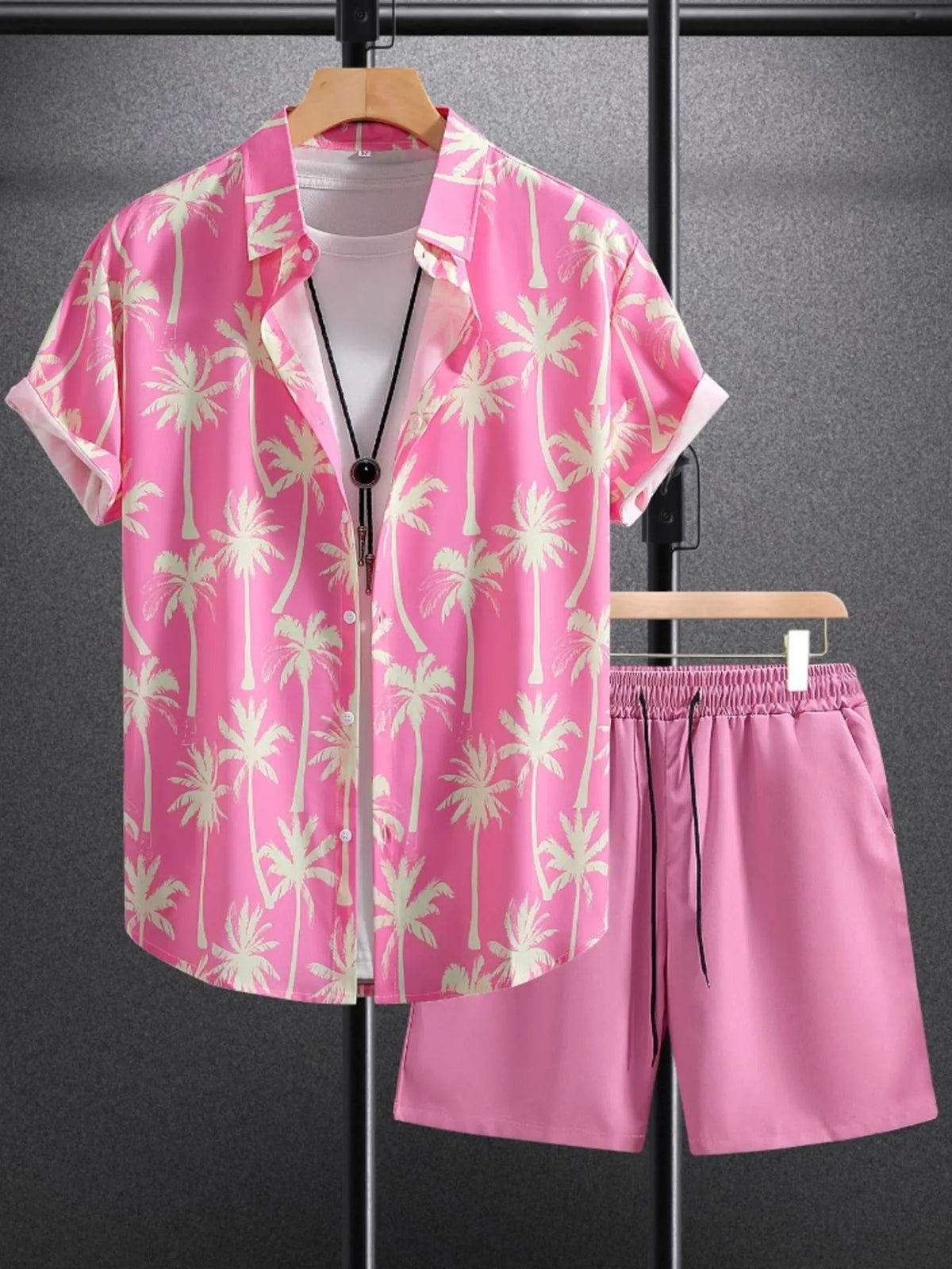 Men's Palm Tree Print Top and Shorts Summer Set in Dusty Pink