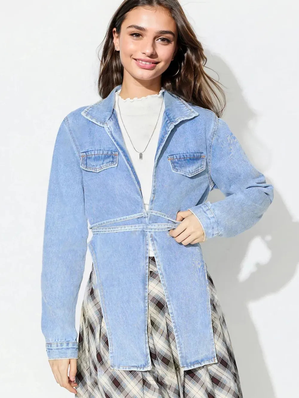 Asymmetric Slit Collared Neck Long Denim Top - Lilixa.store