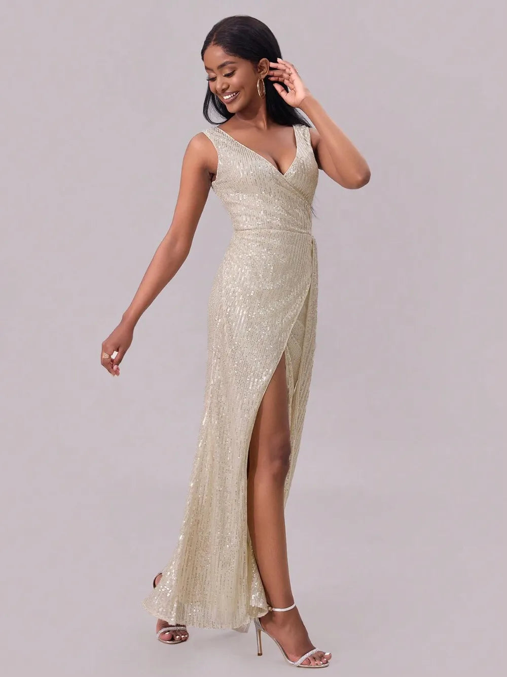 Slit Sequin Surplice Sleeveless Maxi Dress - Lilixa.store