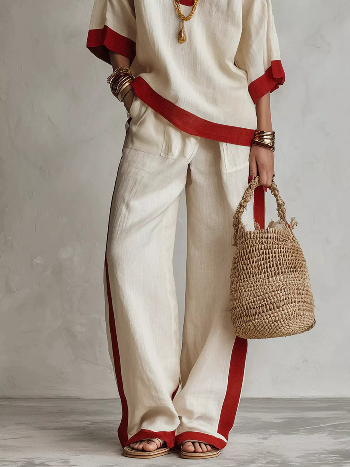 Full Size Contrast Trim Top and Wide Leg Pants Set Plus Size