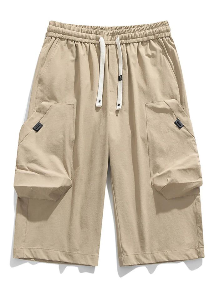 Men's Plus Size Casual Cargo Capris with Drawstring Waist in Khaki