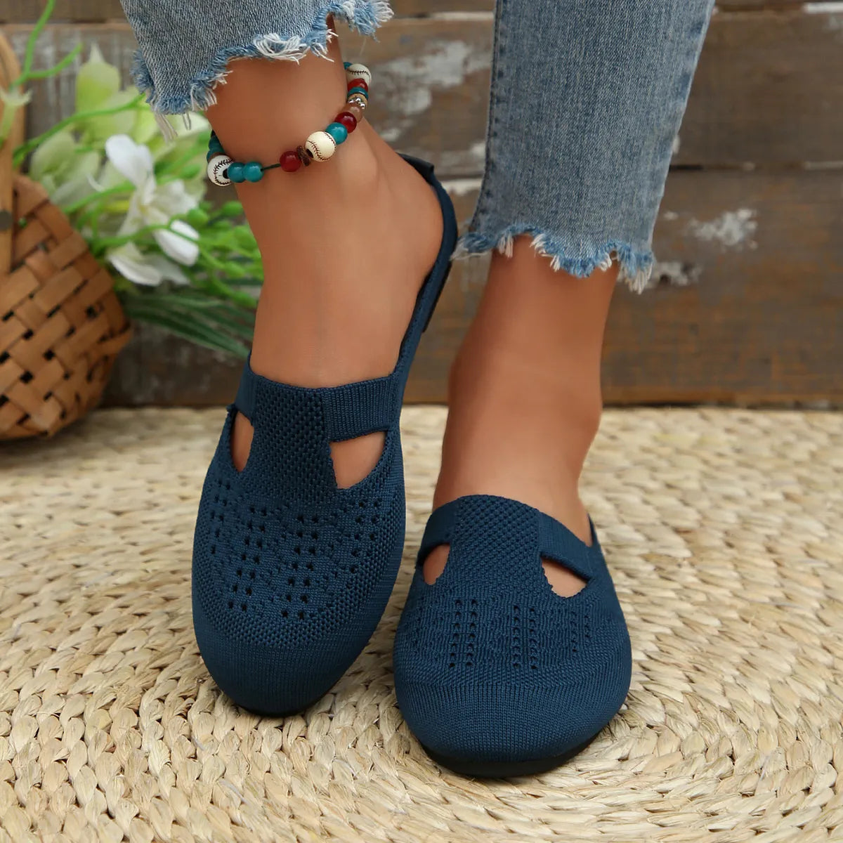 Round Toe Flat Slip-Ons in Navy