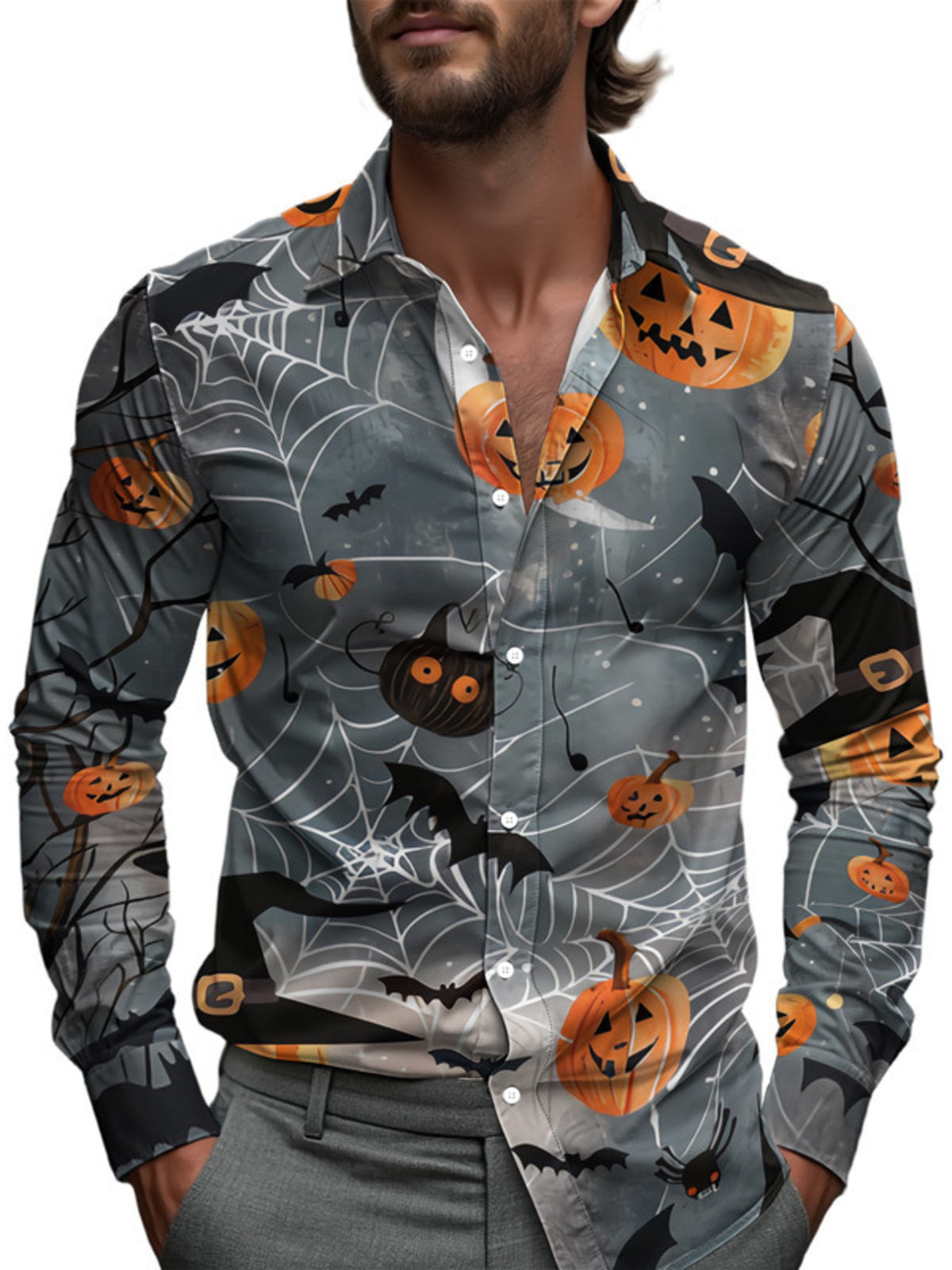Men's Full Size Halloween Print Long Sleeve Button-Down Shirt Plus Size