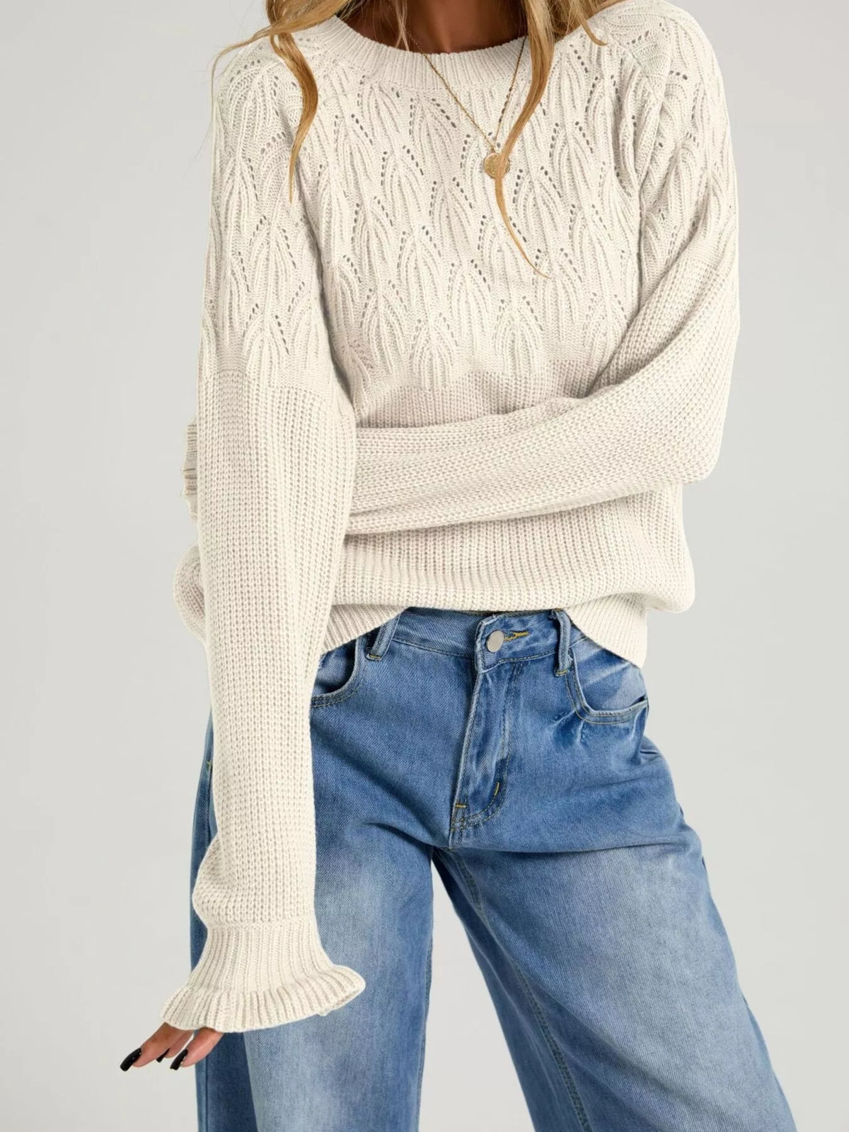 Pointelle Knit Round Neck Sweater