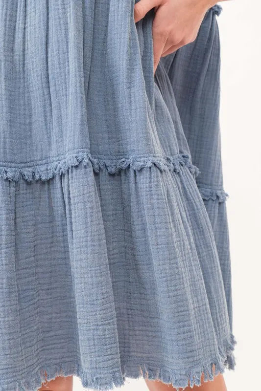 And The Why Washed Frayed Detail Tiered Dress - Lilixa.store