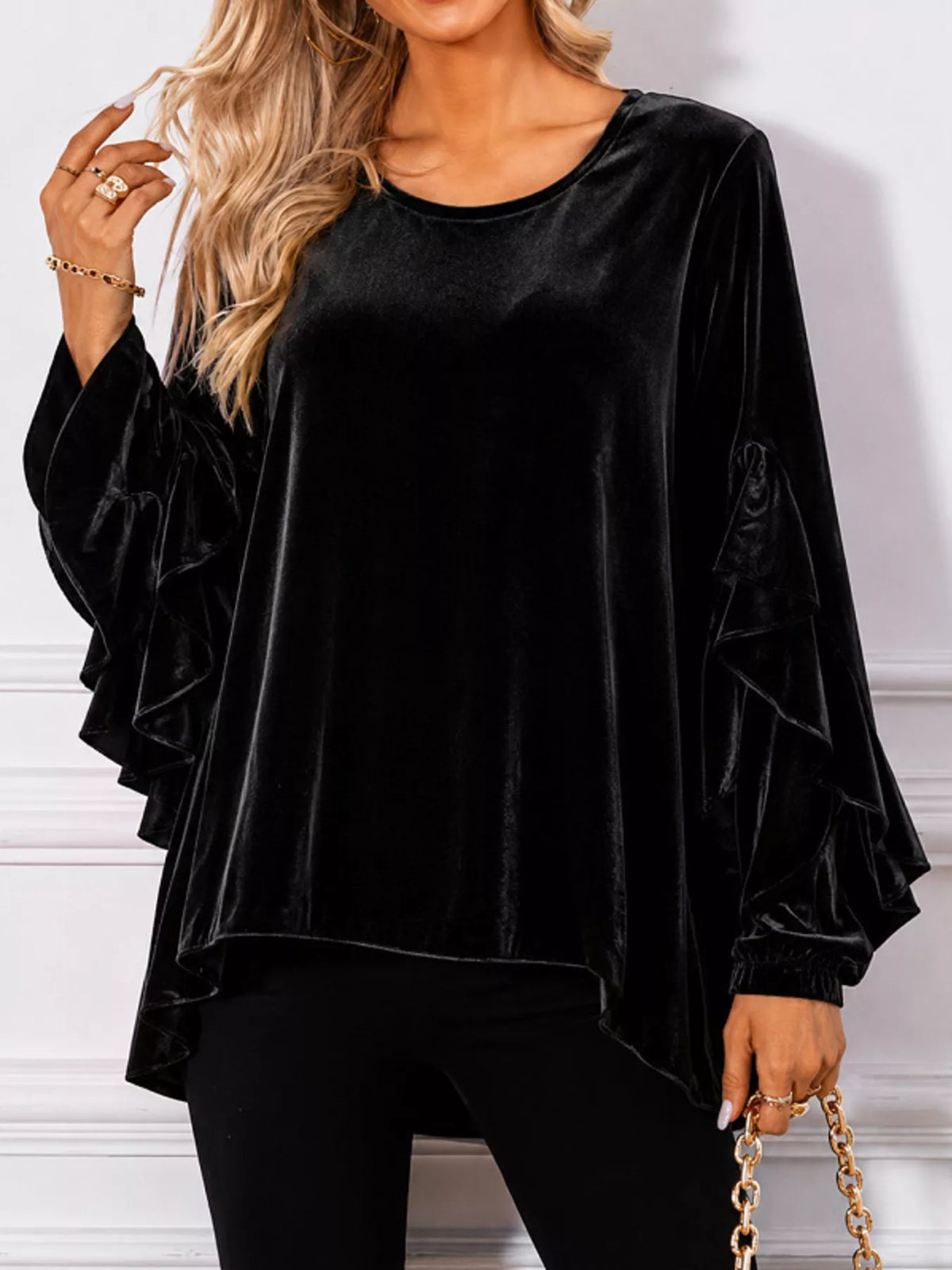 Velvet Round Neck Ruffle Sleeve Top