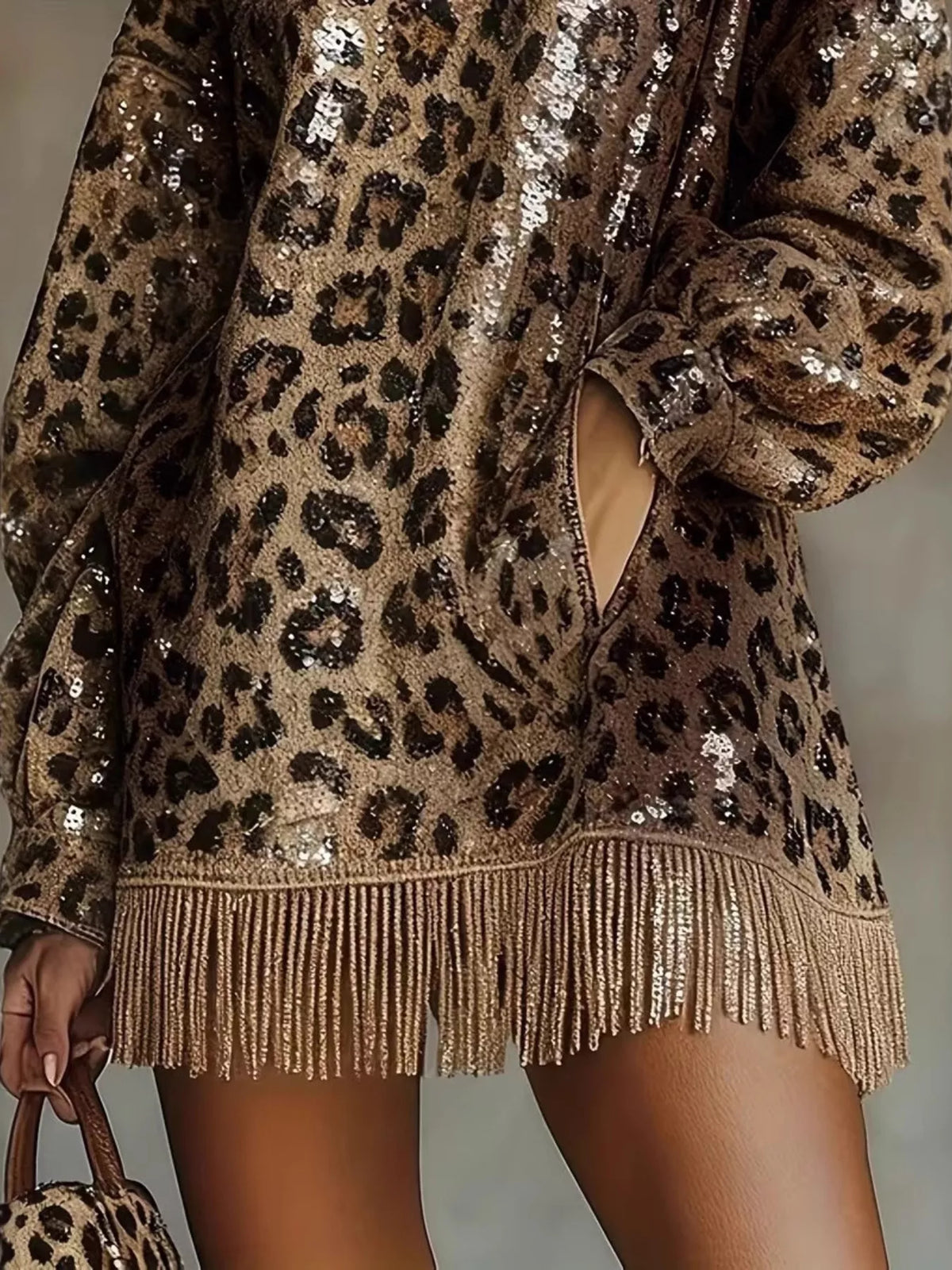 Full Size Leopard Sequin Mock Neck Fringe Hem Mini Dress Plus Size
