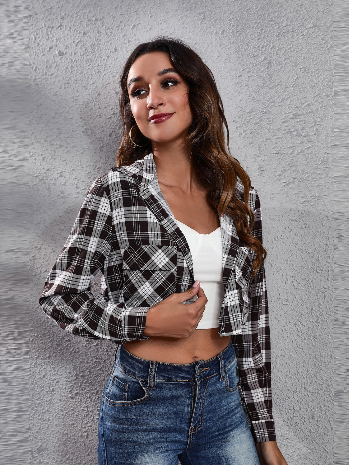 Collared Neck Decorative Pockets Jacket in Mocha