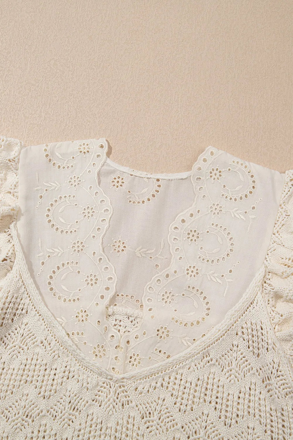 Embroidered Patchwork Hollow Out Knitted Ruffle Sweater Vest in Beige, view 11