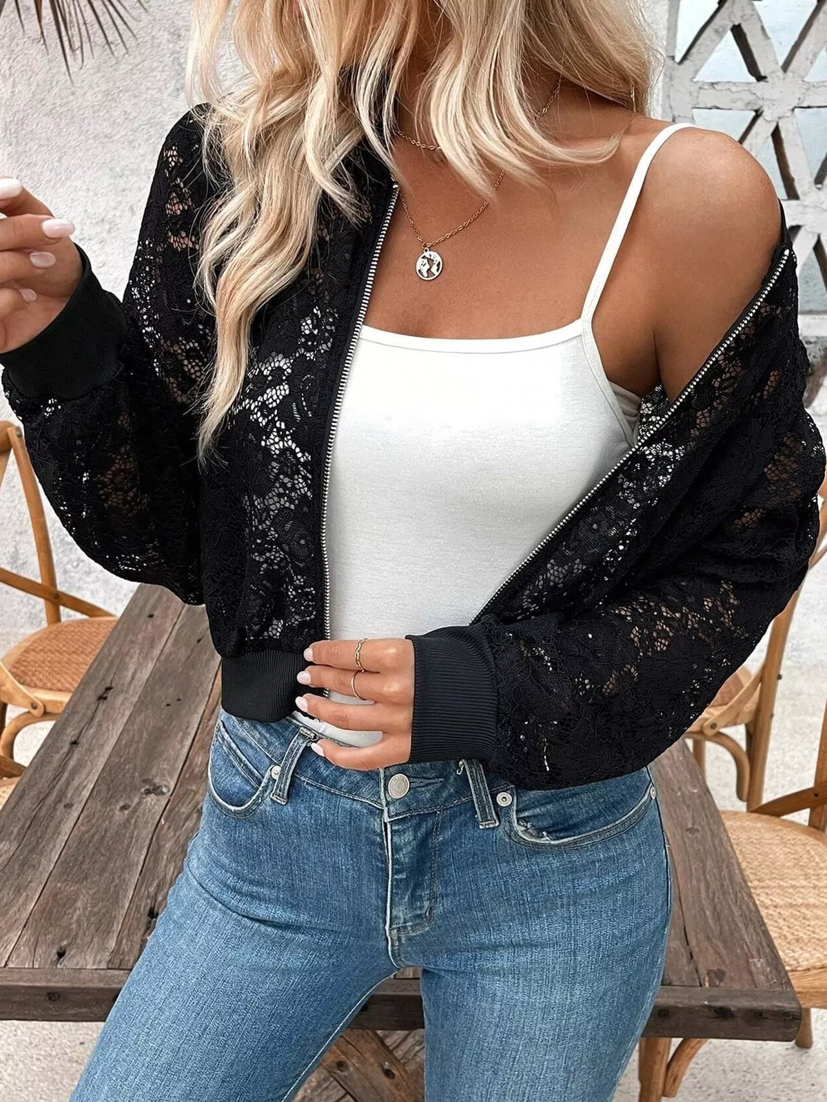 Sheer Lace Zip Up Jacket in Black, view 2